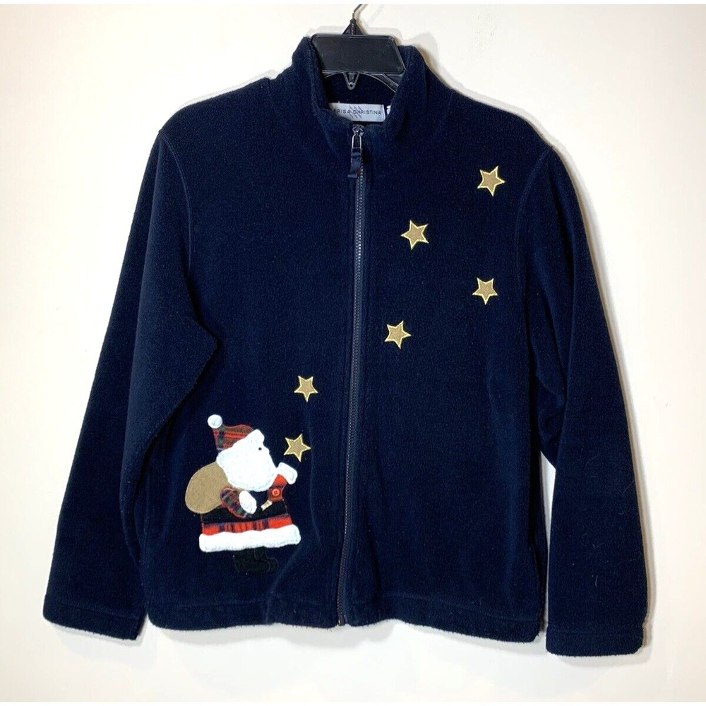 Marisa Christina Fleece‎ Zip Jacket Womens M Dk Blue Santa Christmas Embellished